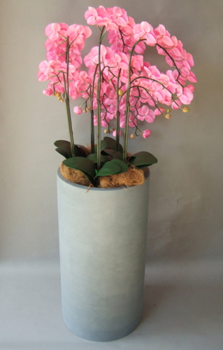 光触媒造花胡蝶蘭5本立ち（ピンク）・花台付き（ファイバーストーン大型鉢）を横からのイメージ画像