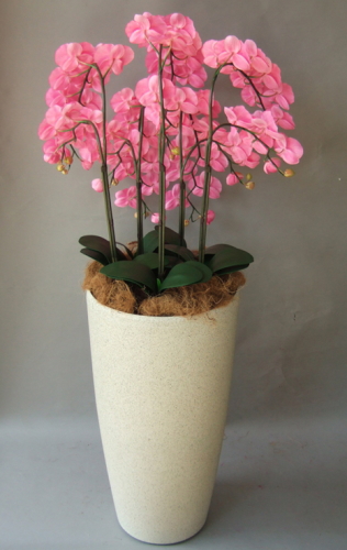 光触媒造花胡蝶蘭5本立ち（ピンク）・花台付き（サンドホワイト大型鉢）を横からのイメージ画像