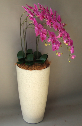 光触媒造花胡蝶蘭5本立ち（濃いピンク）・花台付き（サンドホワイト大型鉢） を横からのイメージ画像