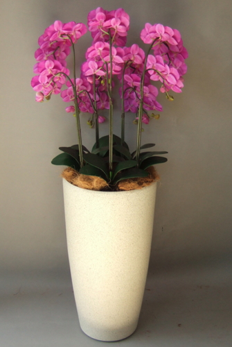 光触媒造花胡蝶蘭5本立ち（濃いピンク）・花台付き（サンドホワイト大型鉢） を横からのイメージ画像