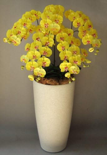 光触媒造花胡蝶蘭5本立ち（イエロー）・花台付き（サンドホワイト大型鉢） の画像