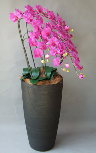 光触媒造花胡蝶蘭5本立ち（濃いピンク）・花台付き（クリアブラック大型鉢） を横からのイメージ画像