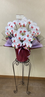 カード付の光触媒造花胡蝶蘭スタンダード5本立ち（白赤）・花台付き（IR）の画像